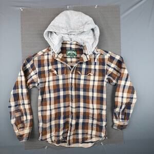 American Eagle Hooded Flannel Shirt XS Brown Blue Plaid Button Front